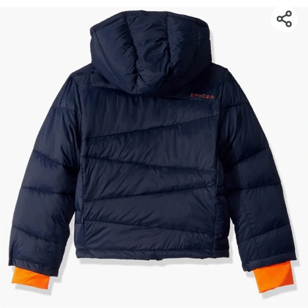 Spyder boys water resistant hooded nexus puffer jacket navy orange size M 10/12